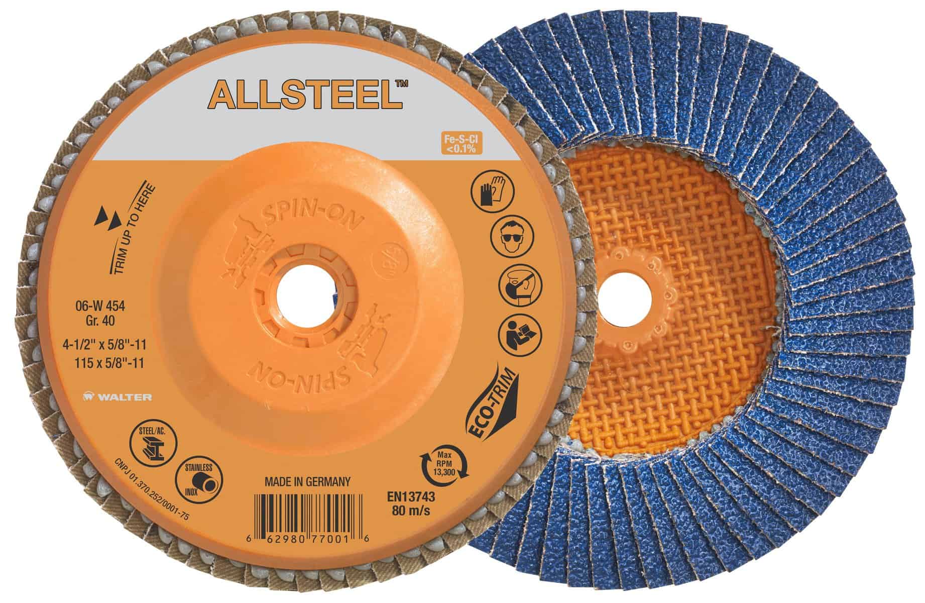Walter ALLSTEEL™ 4-1/2" x 40 Grit Zirconia Flap Disc, Spin-On
