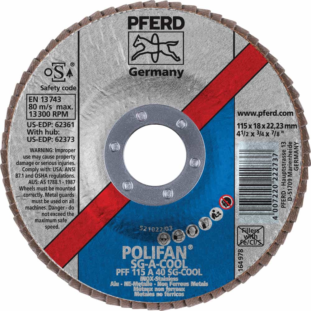 PFERD POLIFAN SG A-COOL Flap Disc, 4-1/2" x 7/8", 40 Grit, Type 27, Aluminum Oxide